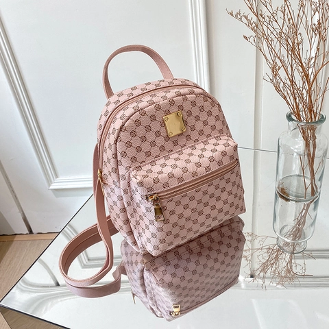 Mini Fashion Backpack For Women PU Leather Monogram Print Small Casual Daypack Sweet Versatile Lady Bag With Golden Hardware