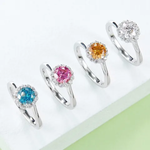 Moissanit S925 Sterlingsilber Halo Ring Rundschliff Farbiger Stein Gedrehtes Band Hochzeit Verlobung Schmuck Für Damen