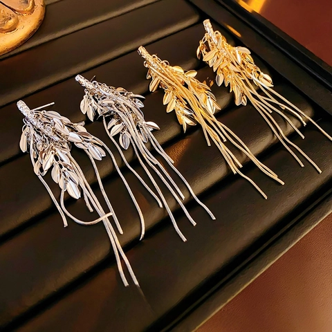 Long Tassel Dangle Earrings Wheat Ear Leaf Copper With Silver Earring Post Elegant Fashion Jewelry For Women