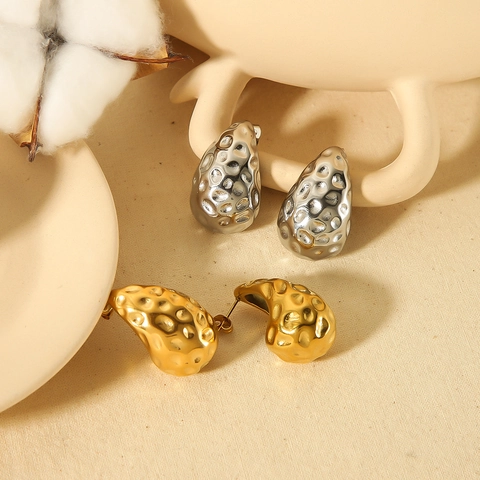 Hammered Teardrop Earrings Gold Plated Stainless Steel Waterdrop Studs Niche Design Minimalist Jewelry For Women