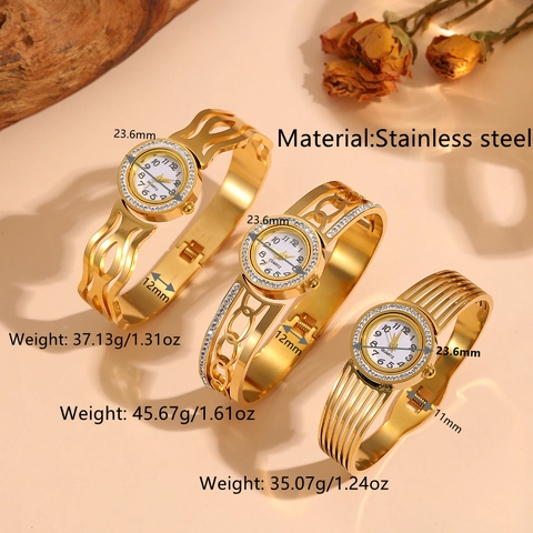Elegant Women Hollow Rhinestone Bangle Watch Titanium Steel Quartz Movement Round Dial Luxury Gold Bangle Bracelet Watch Jewelry