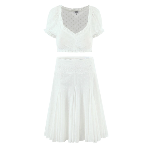 Damen Weiß Baumwolle Lochstickerei Puffärmel Crop Top Und Hohe Taille Faltenrock Französisch Vintage Cottagecore