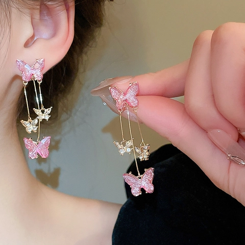 Butterfly Tassel Earrings Rhinestone Copper Resin With Silver Earring Post Elegant Sweet Long Drop Dangle For Women