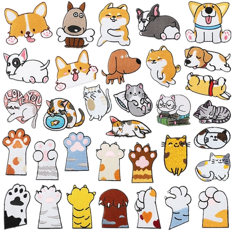 Cartoon Dog Cat Paws Embroidery Patches Polyester Thread DIY Apparel Decor Iron On Sew On Cute Animal Craft