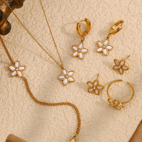 Collar Pulsera Pendientes Anillo De Flor De Acero Inoxidable Chapado En Oro 18K Concha Blanca Circón Joyas Elegantes Para Mujeres