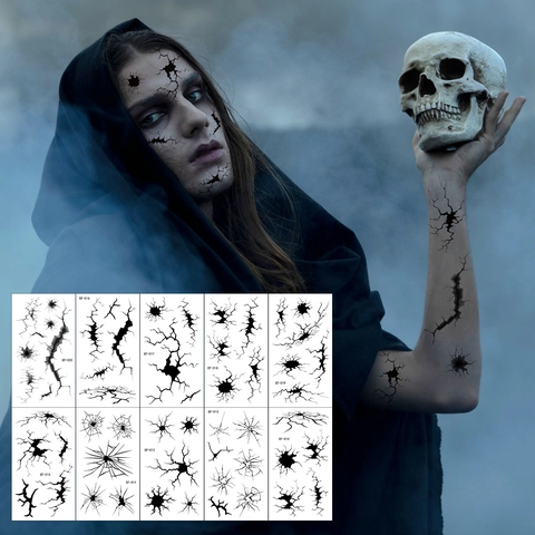 Adesivi Per Tatuaggi Sul Viso Con Crepe Di Halloween Trucco Horror Nero Impermeabile Arte Del Corpo Gotica Per Feste Di Cosplay Adulti