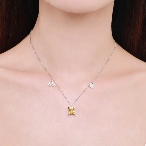Collana Segno Zodiacale Leone Argento Sterling 925 Donna Con Zircone Giallo Rettangolare E Ciondolo Astrologia Elegante