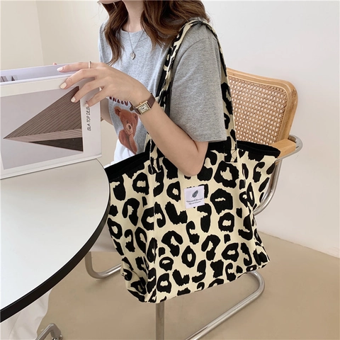 Leopard Print Canvas Tote Bag Large Capacity Animal Pattern Shoulder Handbag Bucket Cosmetic Bag For Women Casual