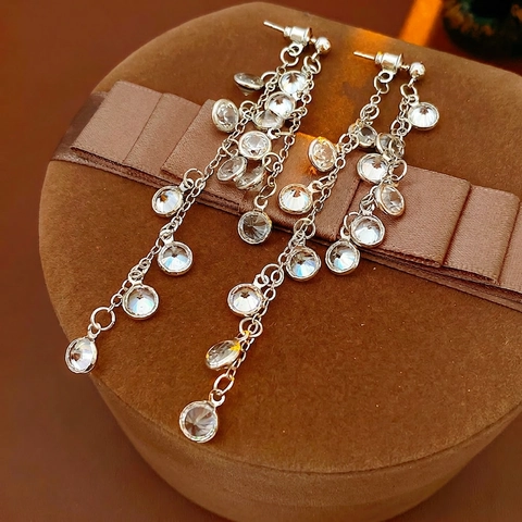 Zirkoon Ronde Kwast Druppel Oorbellen Met Zilveren Oorsteker Koper Lange Hangende Elegante Sieraden Voor Vrouwen
