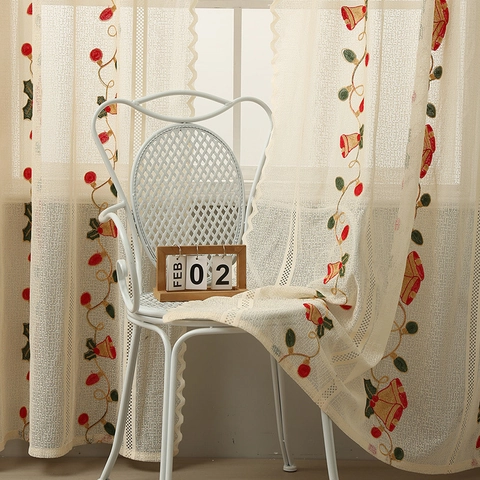 Rideaux De Porte En Dentelle De Noël Brodés Cloches Baies De Houx Semi Transparents Polyester Style Américain Décor