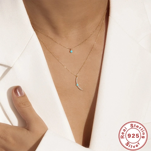 925 Sterling Zilveren Ketting Turquoise Maan Waaier Hanger Zirkonia Gelaagde Sleutelbeen Ketting Sieraden Cadeau