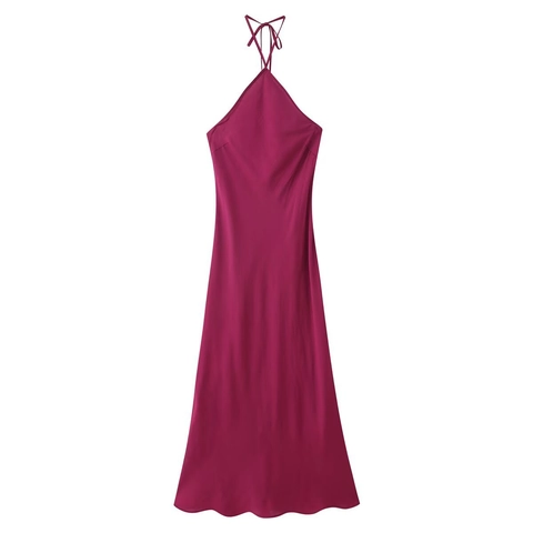 Elegant Halter Maxi Dress Backless Lace Up High Waist Solid Color Polyester Evening Party Gown For Women Fuchsia
