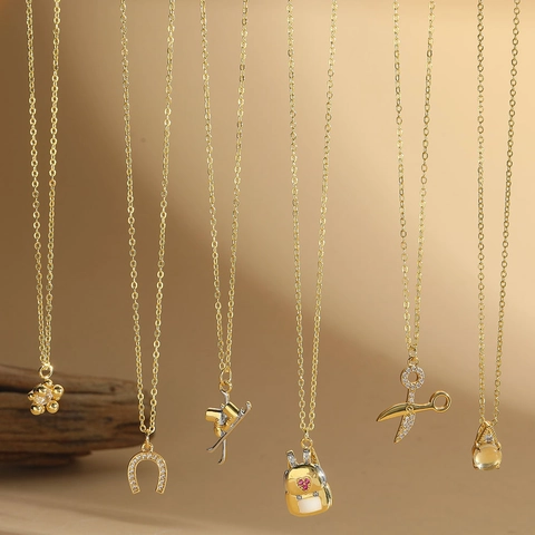 Collana Con Pendente In Rame E Zircone Simpatico Retrò Forbici Zaino Ferro Di Cavallo Fiore Gioielli Per Donne