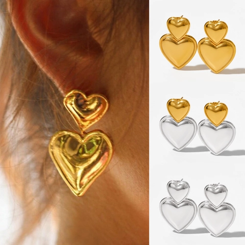 Double Heart Dangle Earrings High Polish 3D Layered Stainless Steel Earring Post Two-Tone Spliced Fashion Jewelry Women