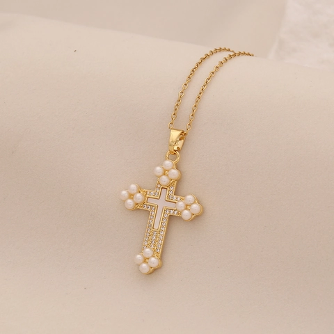 Cross Pendant Necklace Stainless Steel Copper With Imitation Artificial Pearl Shell Rhinestone Elegant Chic Clavicle Chain For Women