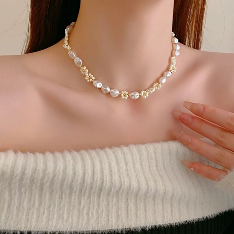 Collar De Cuentas De Flores Hecho A Mano Cobre Chapado En Oro Real Imitación Perla Artificial Joyería Elegante Para Mujeres