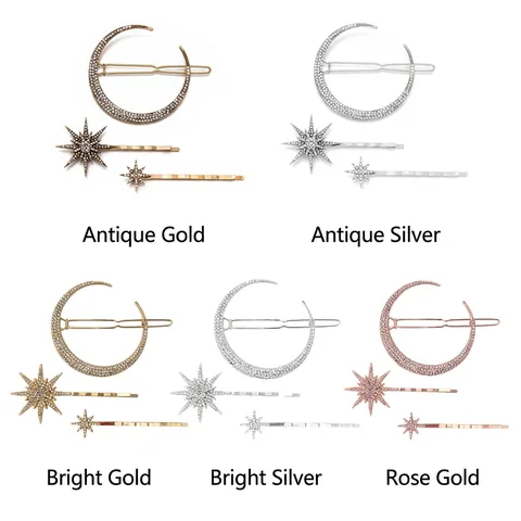 3-delige Ster Maan Strass Haarspelden Zinklegering Vintage Haarnadeln Voor Vrouwen Bruiloft Feest Haaraccessoires