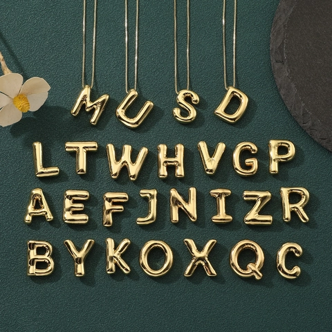 Puffy Balloon Initial Letter Necklace Gold Plated Copper Zircon 3D Alphabet Pendant Fashion Jewelry For Women