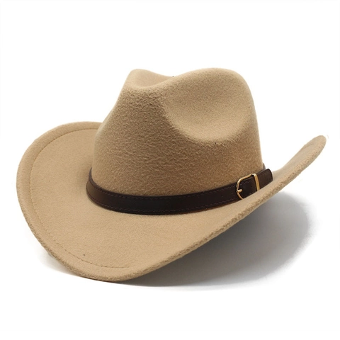Chapeau De Cowboy Occidental En Feutre De Laine Large Bord Jazz Fedora Avec Boucle De Ceinture En Cuir Style Rétro