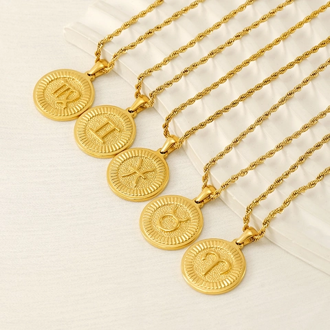 Collier Pendentif Signe Astrologique Plaqué Or 18K Acier Inoxydable Médaille Ronde Gravée Constellation Bijoux Homme Femme
