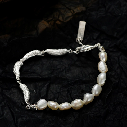 Pulsera de Plata de Ley 925 Perla Artificial Irregular Para Mujer Nuevo Estilo Chino Diseño Barroco Joyería Ajustable