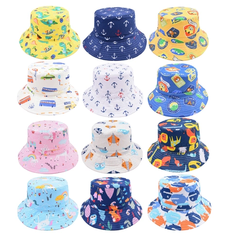 Cappello Da Pescatore Bambini Cotone Stampa Cartoni Animati Dinosauro Squalo Estate All Aperto Protezione Solare Con Corda Antivento Regolabile