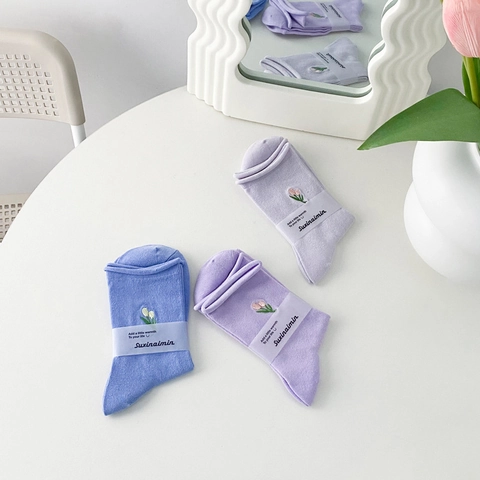 Women Crew Socks Combed Cotton Breathable Tulip Flower Embroidery Roll Top Japanese Style Macaron Colors Soft Knit