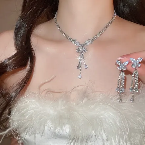 Elegant Butterfly Tassel Necklace And Earrings Jewelry Set Copper With Zircon Silver Earring Post For Women