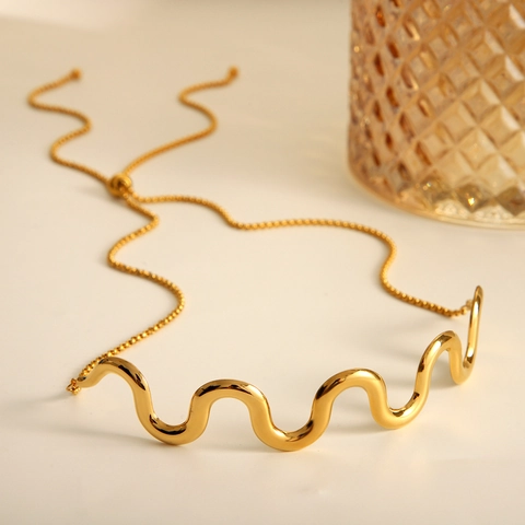 Collana Regolabile In Acciaio Inossidabile Placcato Oro 18K Forma Donda Gioielli Geometrici Minimalisti Per Donna
