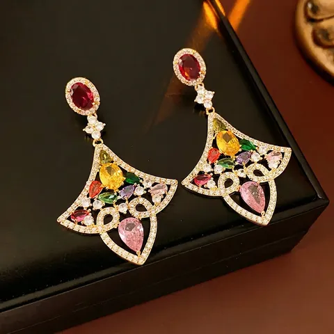 Vintage Barock Hängeohrringe Mit Bunten Zirkonia Herz Fächerform Kupfer Vergoldet Und Silbernen Ohrsteckern