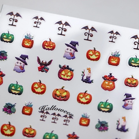 Adesivi Unghie Halloween 5D Rilievo Zucca Fantasma Pipistrello Motivi PET Autoadesivi Festa Manicure Decalcomanie