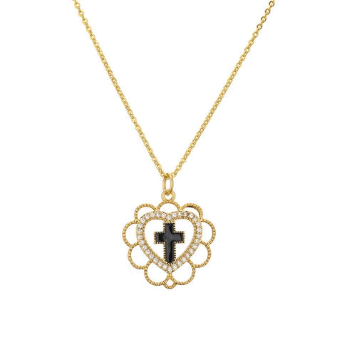 Collana Con Ciondolo Croce Cuore Cavo Minimalista Rame Micro Intarsiato Zircone Dettaglio Smalto Gioielli Moda