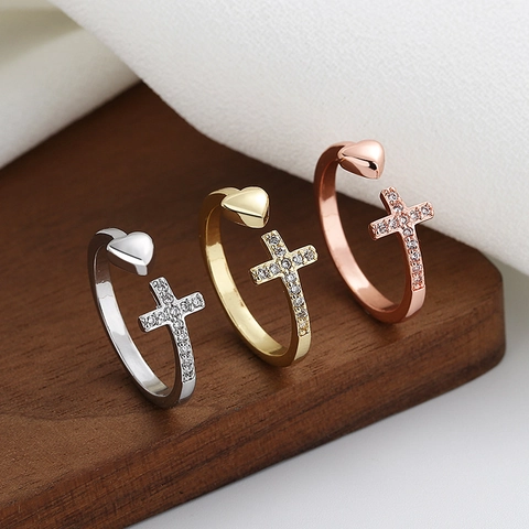 Fashion Copper Rhinestone Cross Heart Open Ring For Women Adjustable Individual Trendy Gold Silver Rose Gold Jewelry Ring