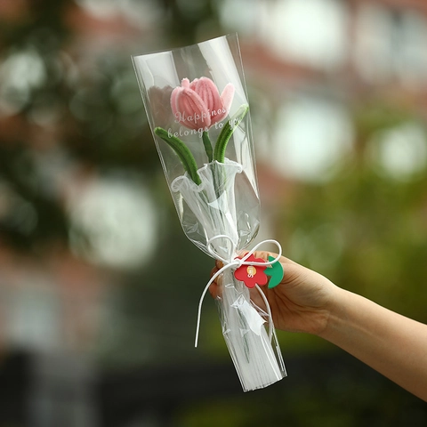 Handgemachter Gestrickter Blumenstrauß Häkel Tulpe Sonnenblume Einzelstamm Verpacktes Geschenk Für Abschlussfeier Geburtstag