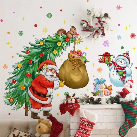 Christmas Santa Claus Snowman Wall Stickers PVC Self-Adhesive Snowflake Colorful Dots Holiday Decor Bedroom