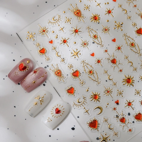 5D Embossed Nail Art Stickers Gilded Silver Heart Moon Star Bohemian Retro Totem Design Self Adhesive Waterproof