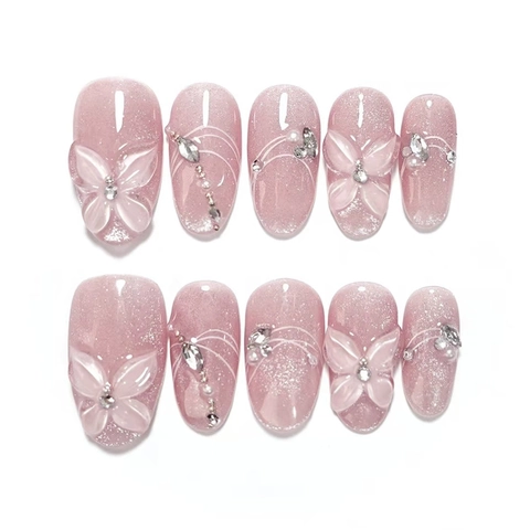 Uñas Postizas Press On Con Mariposa 3D Ojo De Gato Brillo Resplandeciente Traslúcido Diamantes De Imitación Perla Artificial