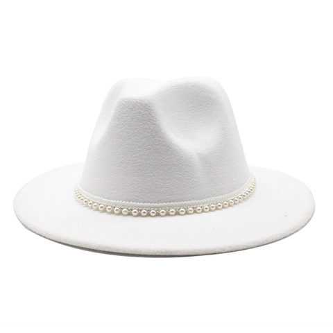 Elegant Wide Brim Fedora Hat Vintage Woolen Felt Jazz Hat With Artificial Pearl Ribbon Band For Men And Women Retro Fashionable Accessory