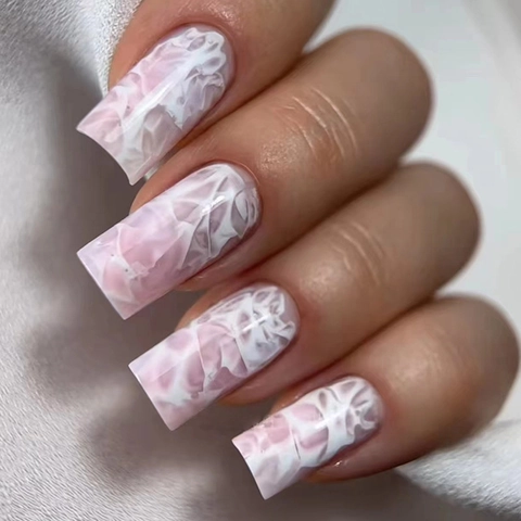 White Crackle Marble Press On Nails Square Full Cover ABS Plastic Fake Nails For Women Elegant