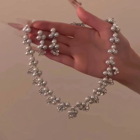 Elegante Collar De Perlas Artificiales De Imitación De Flores Y Pendientes Colgantes Con Diamantes De Imitación Accesorio Floral Vintage Para Mujer