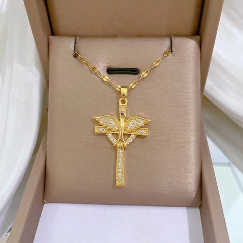Collana Con Pendente A Croce E Colomba Della Pace Oro Catena In Acciaio Al Titanio Rame Micro Pavé Zirconia Per Donne