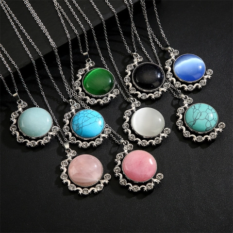 Round Cat Eye Stone Turquoise Pendant Necklace Copper Moon Star Rhinestone Vintage Bohemian Jewelry For Women