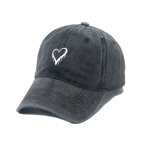 Vintage Washed Cotton Baseball Cap Distressed Canvas Sunshade Hat Retro Dripping Heart Embroidery Adjustable Outdoor