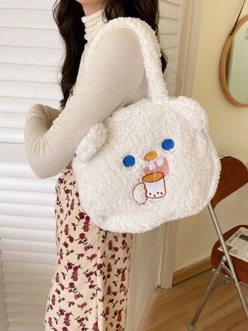 Bolso De Mano De Peluche De Oso Dibujos Animados Piel De Cordero Sintética Bordado Casual Para Mujeres