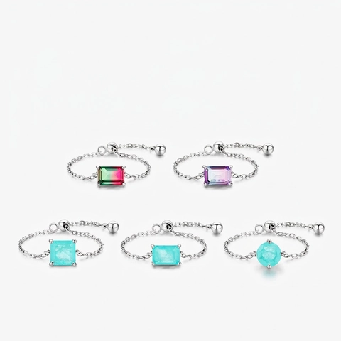 925 Sterling Silver Adjustable Chain Ring For Women Paraiba Style Rhinestone Inlaid Minimalist Fashion Jewelry Finger Ring