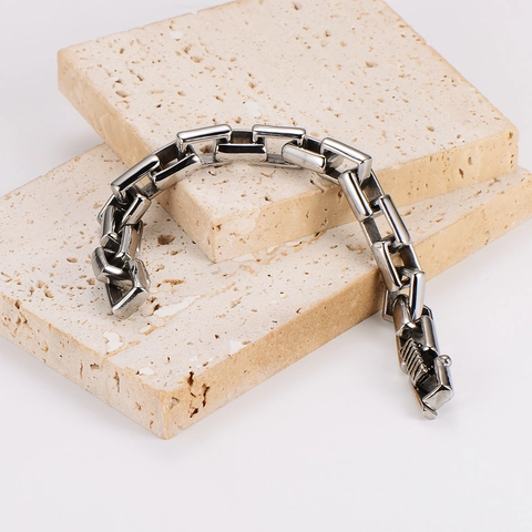 Pulsera De Cadena De Acero Inoxidable Hombre Punk Industrial Eslabones Rectangulares Estilo Bambú Joyería De Metal Pulido