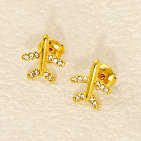Airplane Stud Earrings Stainless Steel 18K Gold Plated Rhinestone Inlay Fashion Minimalist Jewelry For Women Girls