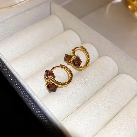 Twist Hoop Earrings Gold Plated Copper With Square Amber Zircon And Silver Earring Post Vintage For Women