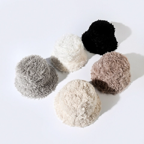 Winter Warm Plush Bucket Hat Faux Fur Solid Color Windproof Outdoor Basin Hat For Large Head Circumference Accessories