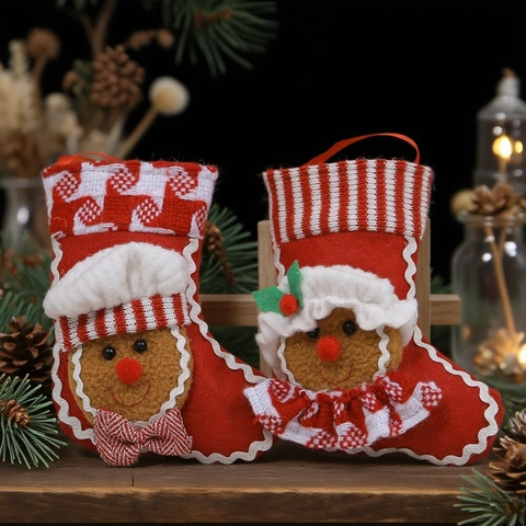 Lebkuchenmann Weihnachtsstrumpf Anhänger Dekoration Filz Rot Feiertagsgeschenktüte Ornament Für Weihnachtsbaum